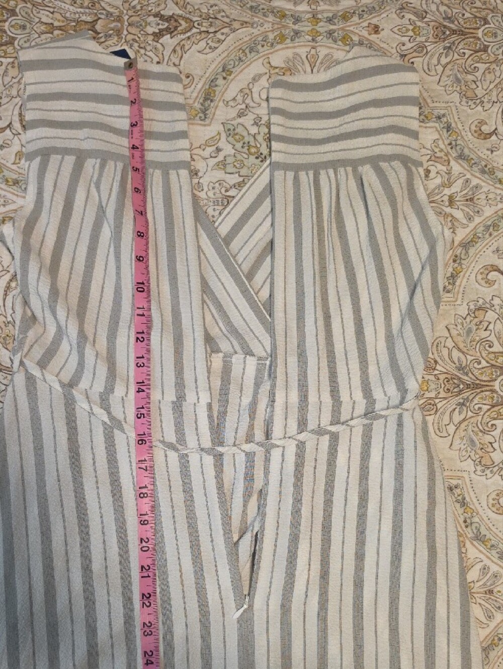 Calvin Klein White and Light Gray Striped Wrap Maxi Dress with Tie Waist - Picture 11 of 16